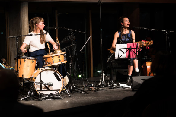 Runa Cara - Bonnie Stewart (drums, guitar) and Freya Schack-Arnott (cello, nyckelharpa) - perform at Sydney Opera House’s Utzon Room on May 28, 2021.