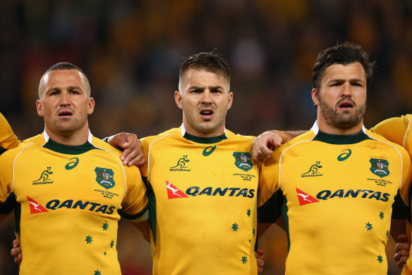 Matt Giteau, Drew Mitchell and Adam Ashley-Cooper before a Test against South Africa in 2015.