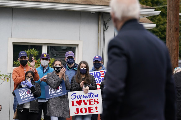 Joe Biden addresses a socially distanced crowd in his hometown of Scranton during the 2020 election campaign.