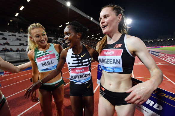 World record holder Faith Kipyegon (centre) with Jessica Hull (left) and Ireland’s Ciara Mageean after the record-breaking race in Florence.