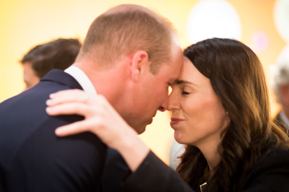 Prince William was greeted with a hongi, a traditional Maori greeting, by then prime minister Jacinda Ardern in Auckland in 2019.