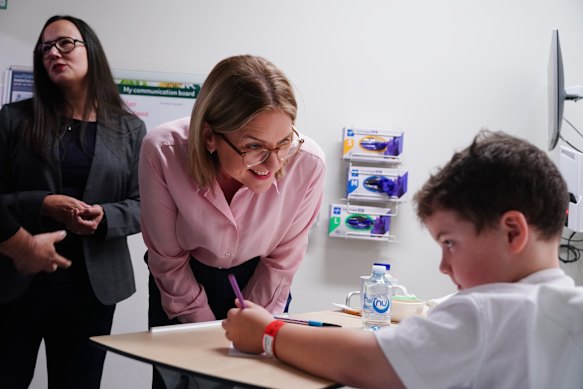 Victorian Premier Jacinta Allan chats to 10-year-old Lachlan Gutwirth at the Royal Children's Hospital.