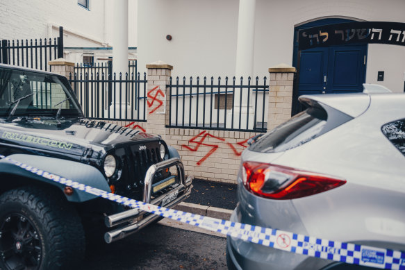 Antisemitic graffiti at the Newtown Synagogue.