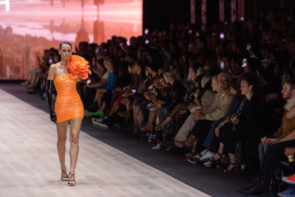 A model wearing a dress from the Jason Grech x Richard Nylon collaboration.