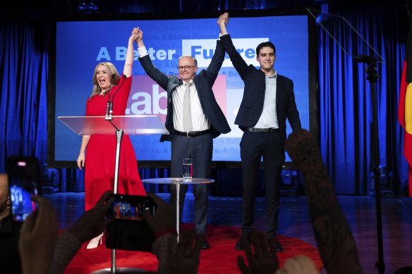 Anthony Albanese claiming victory on election night last year, accompanied by partner Jodie Heydon and son Nathan.