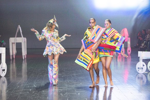 Kirsha Kaechele and models at the Jordan Gogos show for Iordanes Spyridon Gogos at Australian Fashion Week, Carriageworks, Sydney.