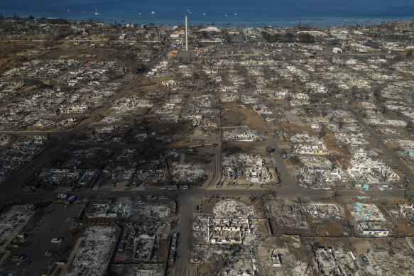 A destroyed neighbourhood in the aftermath of a wildfire in Lahaina.