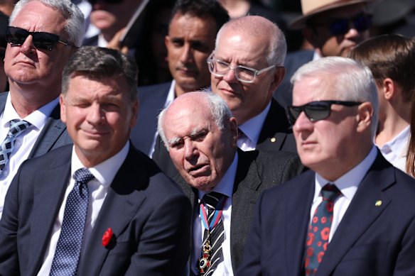 Opposition Leader Angus Taylor, former Prime Minister John Howard, former Prime Minister Scott Morrison and Opposition spokesman for Veterans’ Affairs  Michael McCormack. 