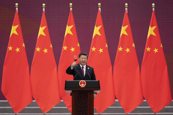 Xi Jinping raises his glass for a toast during the Belt and Road forum in Beijing in April 2019. 