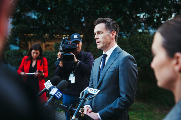 NSW Premier Chris Minns speaks during a snap press conference yesterday. 