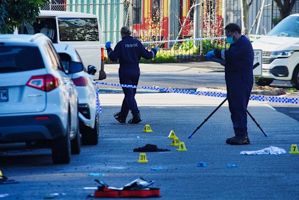 Police at the scene of a shooting in Ascot Vale on Sunday. 