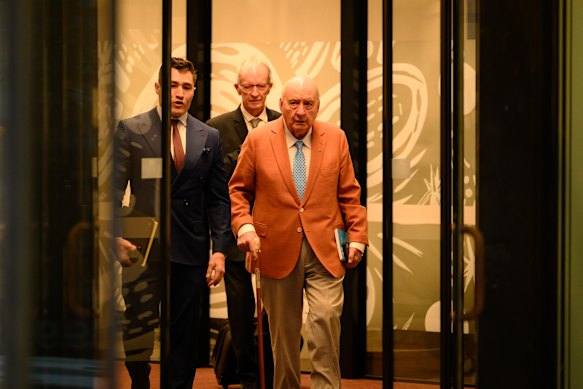 Alan Jones leaving the Downing Centre Local Court on Friday.