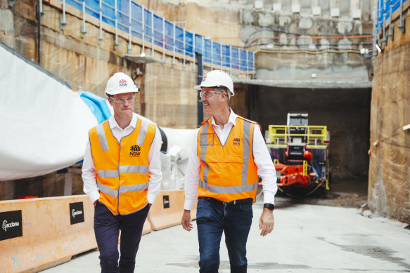     NSW Premier Chris Minns and Roads Minister John Graham at the tunnel start of the second stage of the Western Harbor Tunnel at Cammeray in November 2023.