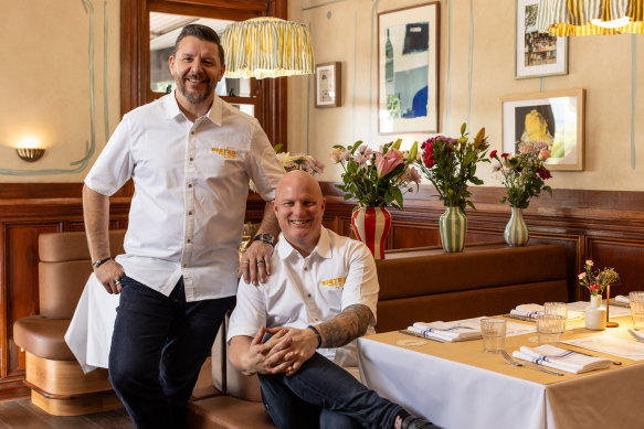 Manu Feildel with Laundy Hotel’s group executive chef Jamie Gannon at his new restaurant Bistro Red Lion.