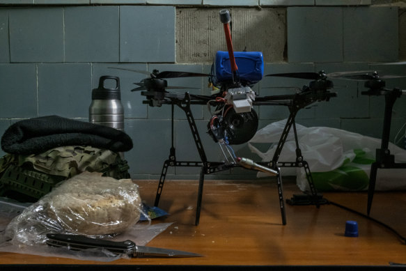A kamikaze drone being prepared for action by Ukrainian soldiers.