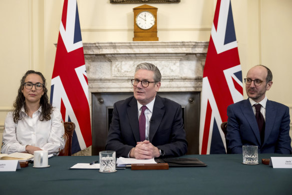 Keir Starmer (centre) holds a roundtable meeting with Sarah Simpkin from the Children’s Society (left) and <i>Adolescence</i> co-writer Jack Thorne at 10 Downing Street.