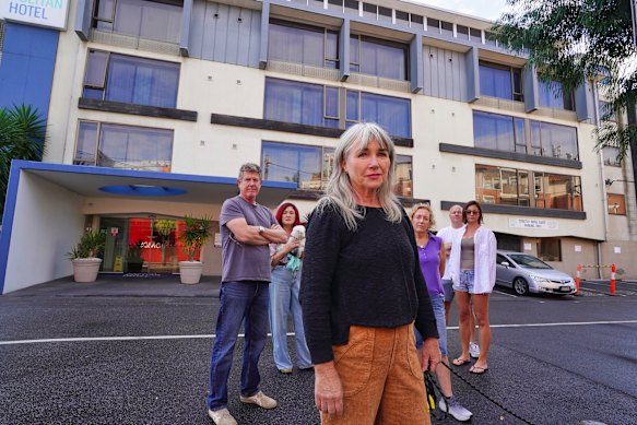 Jane Briese and other St Kilda residents outside the Cosmopolitan Hotel in St Kilda.