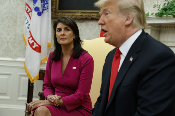 Then US ambassador to the UN Nikki Haley with Do<em></em>nald Trump in the White House in 2018.