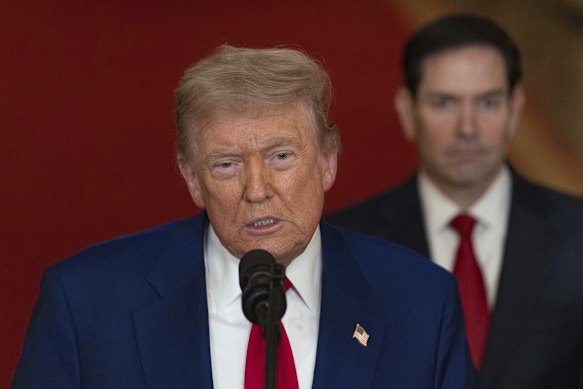 US President Donald Trump speaks from the East Room of the White House on Saturday after the US military struck three Iranian nuclear and military sites.