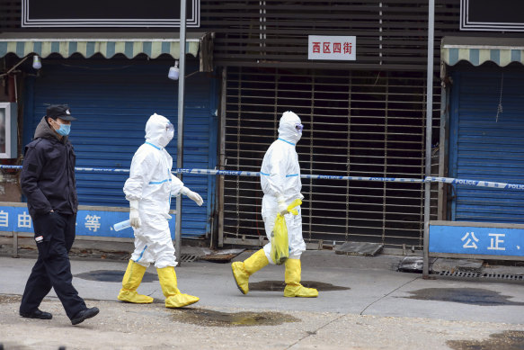 In January 2020, workers in protective gear carry a bag containing a giant salamander that was reported to have escaped from the Huanan Seafood Market in Wuhan.