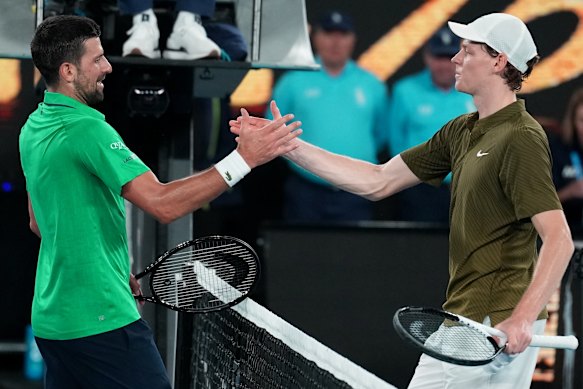 Novak Djokovic and Jannik Sinner shake hands post-match.