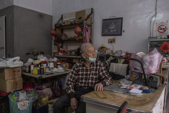 “The only safe place to be”: Wang Huo-hsiang, 91, at his shop in Keelung, remembers the American bombings in the 1940s.