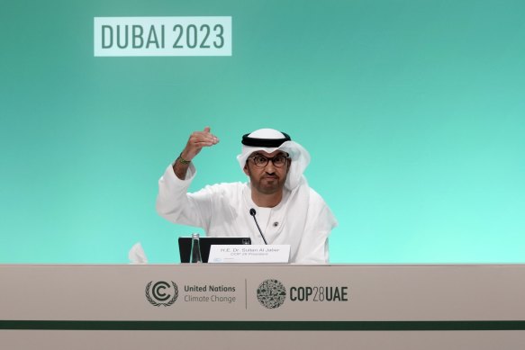 COP28 President Sultan Ahmed al-Jaber at a news conference at the COP28 in Dubai.
