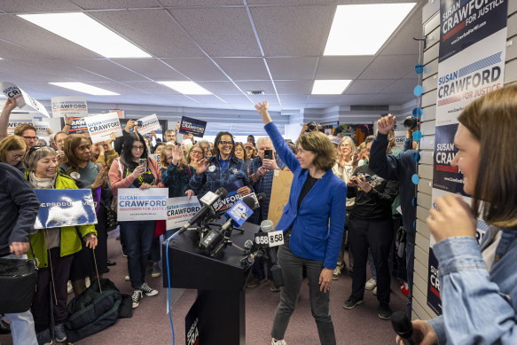 Judge Susan Crawford at a campaign stop in Milwaukee. She is backed by the Democratic Party of Wisconsin.