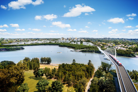 An artist’s impression of the second stage of the light rail line over Parramatta River between Melrose Park and Wentworth Point.