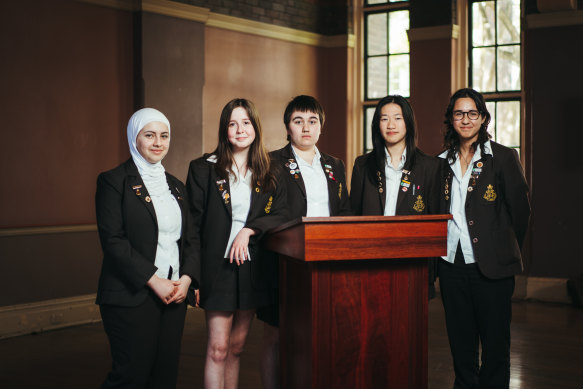 The winning students from Sydney Girls High team,  Anhaar Kareem, Miriam Stubbs-Goulston,  Sofia Tzarimas, Melissa Liu, and Sofia Malik.