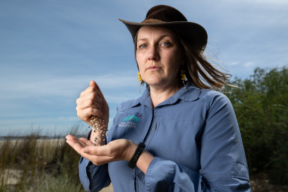 Port Phillip EcoCentre executive officer April Seymore with nurdles found in the area.