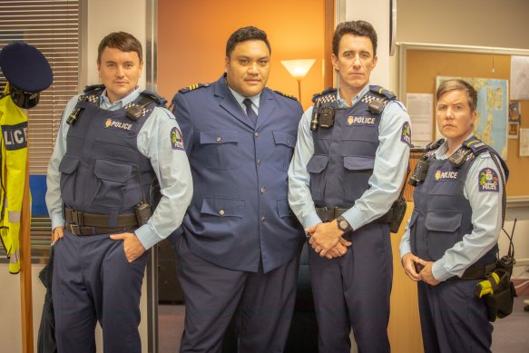 Constable Parker (Thomas Sainsbury), Sergeant Maaka (Maaka Pohatu) and officers Minogue (Mike Minogue) and O’Leary (Karen O’Leary) in Wellington Paranormal.