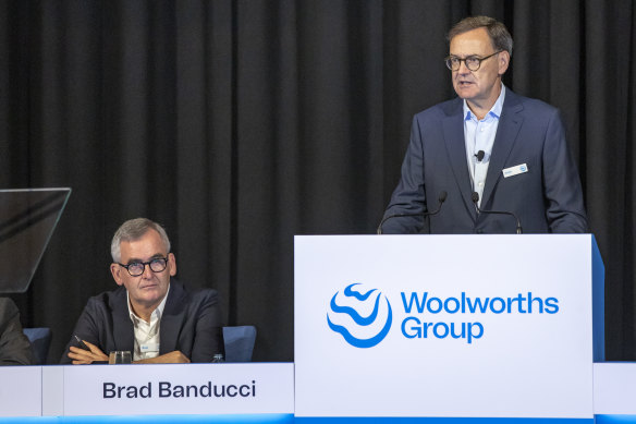 Woolworths chair Scott Perkins and chief executive Brad Banducci (left) at the supermarket giant’s annual meeting on Thursday.
