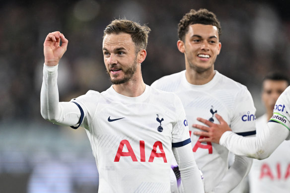 James Maddison of Tottenham Hotspur does his goal celebration.