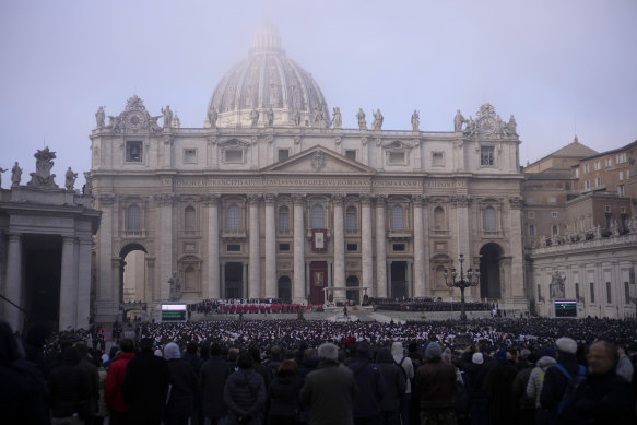 Pope Francis, centre, starts a funeral mass as the coffin of late Pope Emeritus Benedict XVI is placed at St. Peter’s Square at the Vatican.