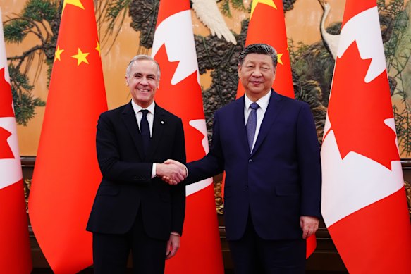Canada’s Prime Minister Mark Carney meets with Chinese President Xi Jinping at the Great Hall of the People in Beijing on Friday.