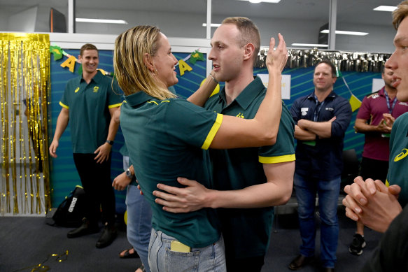 Bronte Campbell embraces Matt Wilson after the pair were announced for the Tokyo Olympic team in Adelaide on Thursday.