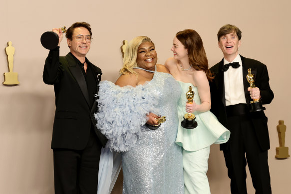 The big winners: best supporting actor Robert Downey Jr., best supporting actress Da’Vine Joy Randolph, best actress Emma Stone and best actor Cillian Murphy backstage at the 2024 Oscars.