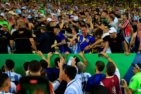 Argentina players went over to try to defuse the situation in the crowd.