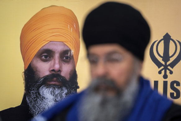 A photo of Hardeep Singh Nijjar is seen during a news conference providing an update from the Sikh community about Nijjar’s homicide.