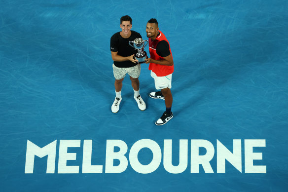 Double champions: Kokkinakis and Kyrgios with their trophy after last year's successful Open season.