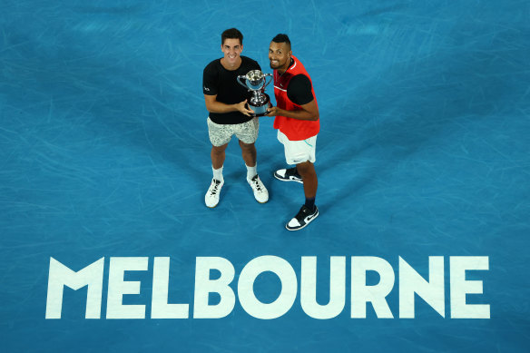 Doubles champs: Kokkinakis and Kyrgios with their trophy after last year’s successful Open campaign.