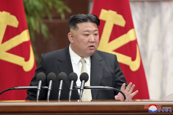 North Korean leader Kim Jong-un speaks during a meeting of the ruling Workers’ Party at its headquarters in Pyongyang, North Korea on Monday.