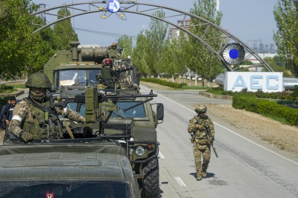A Russian military convoy on the road toward the Zaporizhzhia Nuclear Power Station, in Enerhodar, Zaporizhzhia region, in territory under Russian military control, on May 1.