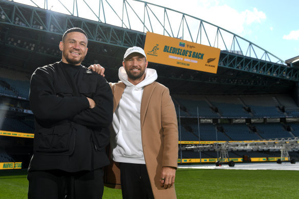 Sonny Bill Williams and Quade Cooper pose during a Bledisloe Cup media opportunity.