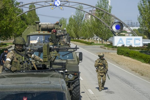 A Russian military convoy is seen on the road toward the Zaporizhzhia Nuclear Power Station, in Enerhodar, Zaporizhzhia region.