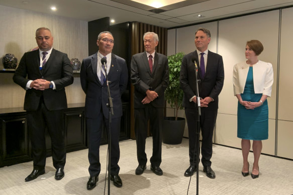Richard Marles, second from right, at a meeting of the Five Power Defence Arrangement with New Zealand’s Peeni Henare, Malaysia’s Hishammuddin Hussein, Singapore’s Ng Eng Hen and British High Commissioner to Singapore Kara Owen.