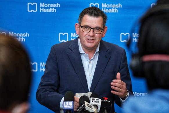 Premier Daniel Andrews speaks on Sunday.