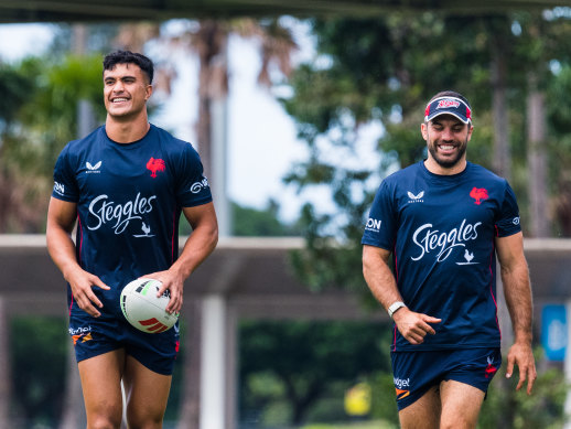 Two into No. 1: Joseph Suaalii and James Tedesco at training on Monday