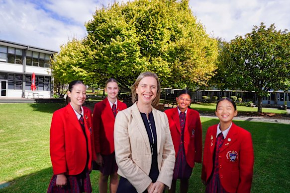 Mentone Girls’ Grammar year 7 students Chloe Cooper, Layla Stanef, Alisha Malla and Claire Guan with principal Lauren Perfect.